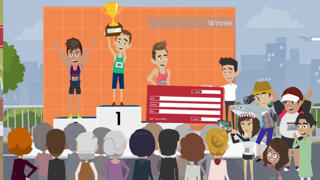 Secrets of Success in Digital Marketing - Illustration showing a group of successful professionals collaborating and celebrating their achievements, representing the habits of winners in digital marketing.-Digital Event Production - Illustration of a person working on a digital event production setup with screens and equipment, representing career development in the field.