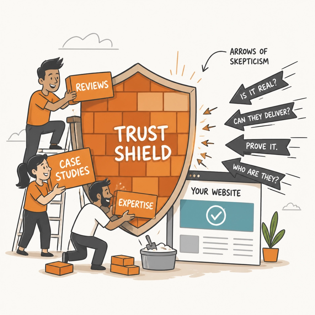 A team constructing a Trust Shield from bricks labelled Reviews, Case Studies, and Expertise — representing the credibility signals Zest City builds into every client website