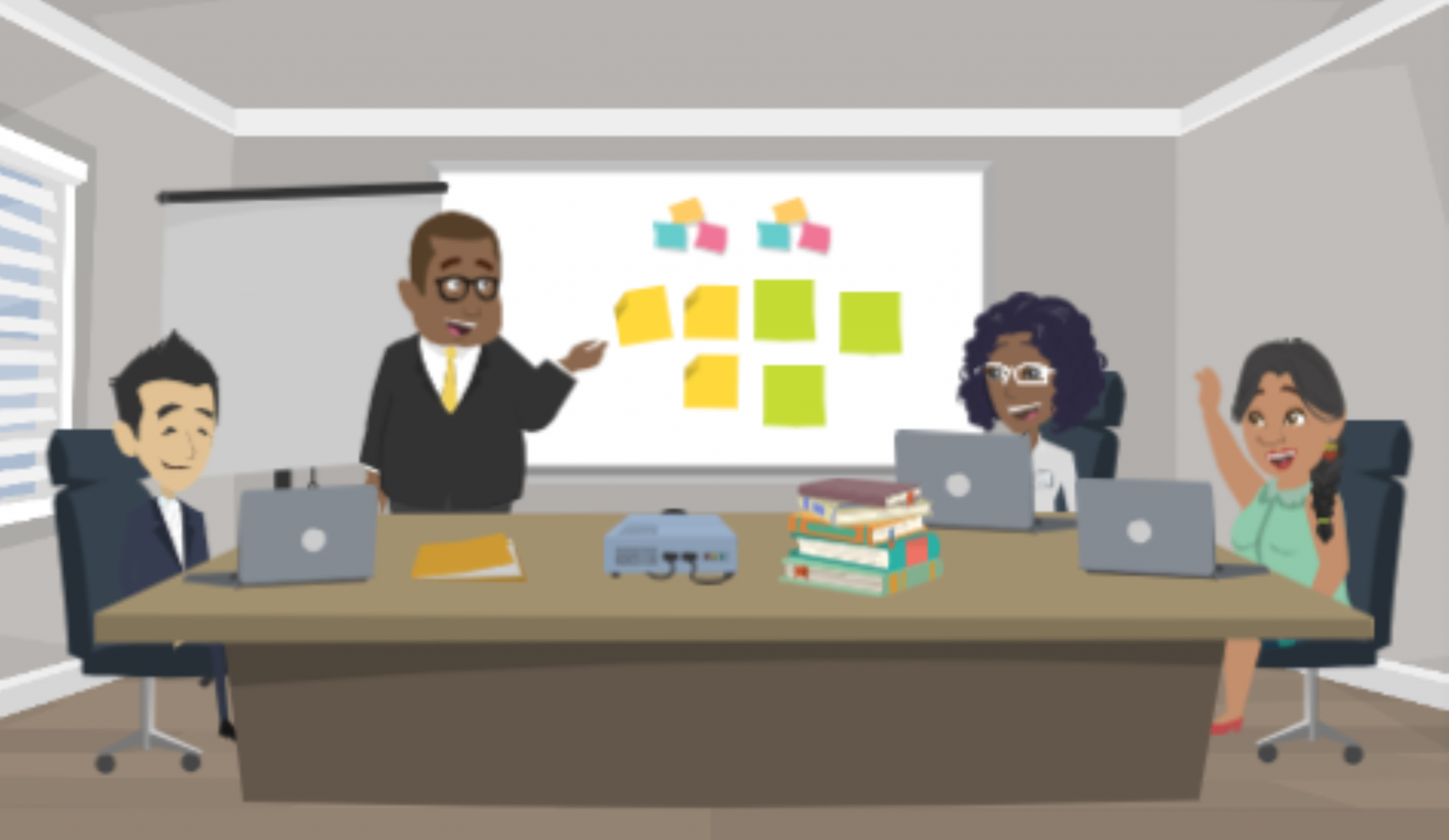 A cartoon-style illustration of a digital agency team collaborating in a modern office, planning a refreshed website marketing strategy for a UK client