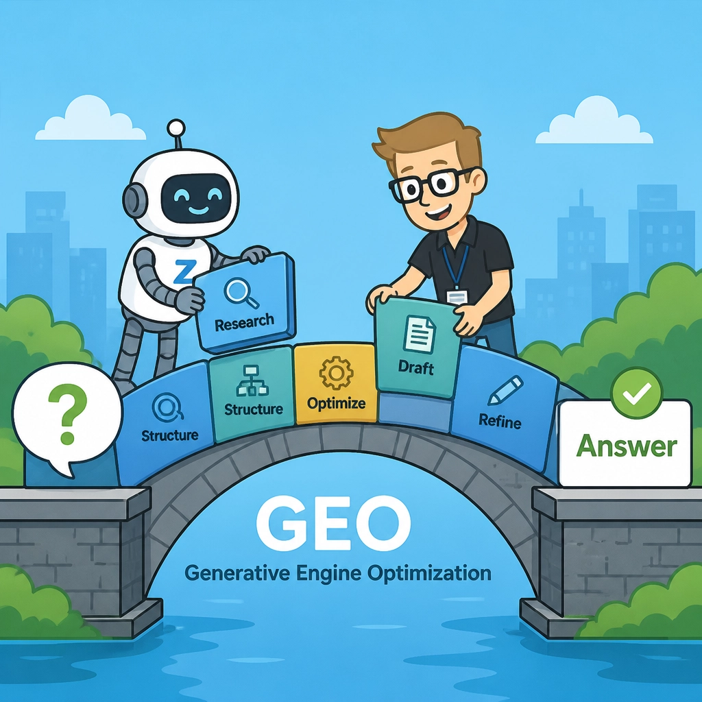 A friendly robot and a human collaborator building a bridge between a question and a clear answer — representing Generative Engine Optimisation (GEO) as practised by Zest City