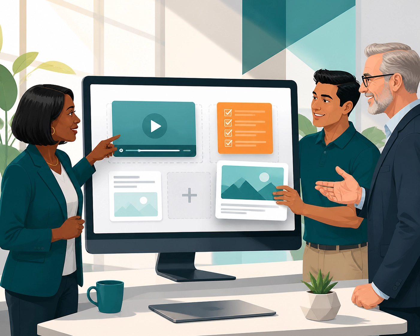 Diverse professionals viewing a personalised digital journey on a website marketing strategy interface, with custom content tiles