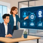 Illustration showing human touch AI integration workflow with balance between automation and human expertise in 2026